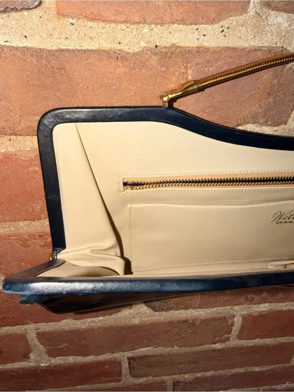 Blue Leather Wristlet Clutch with Gold-Tone Handle
